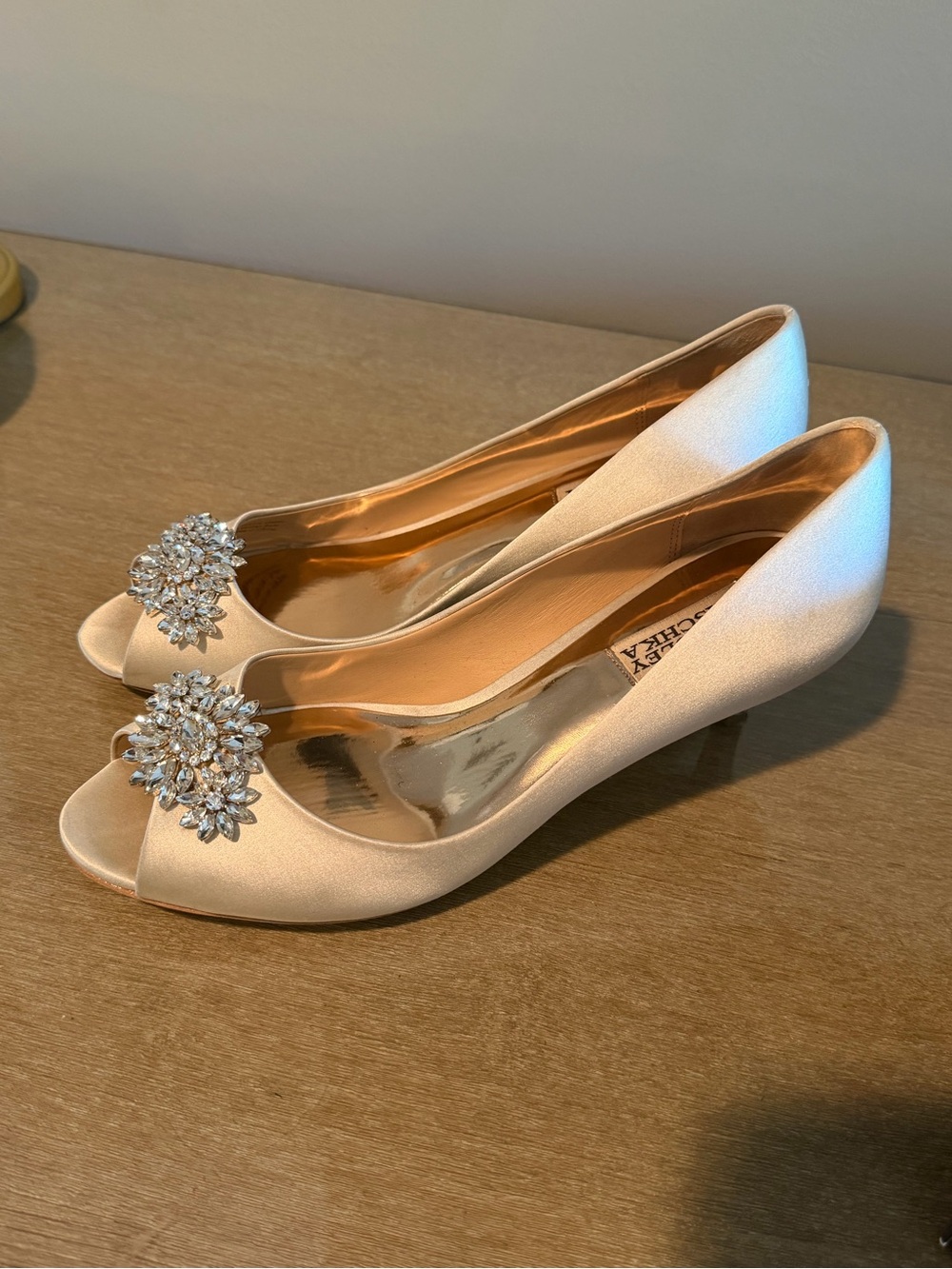 Badgley Mischka Ivory Satin Peep-Toe Heels with Crystal Brooch Accent